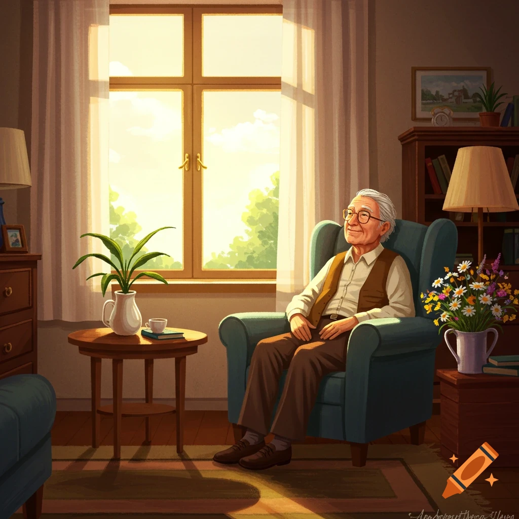 Elderly man smiling, sitting in an armchair in a sunlit living room with plants and flowers, illustration.
