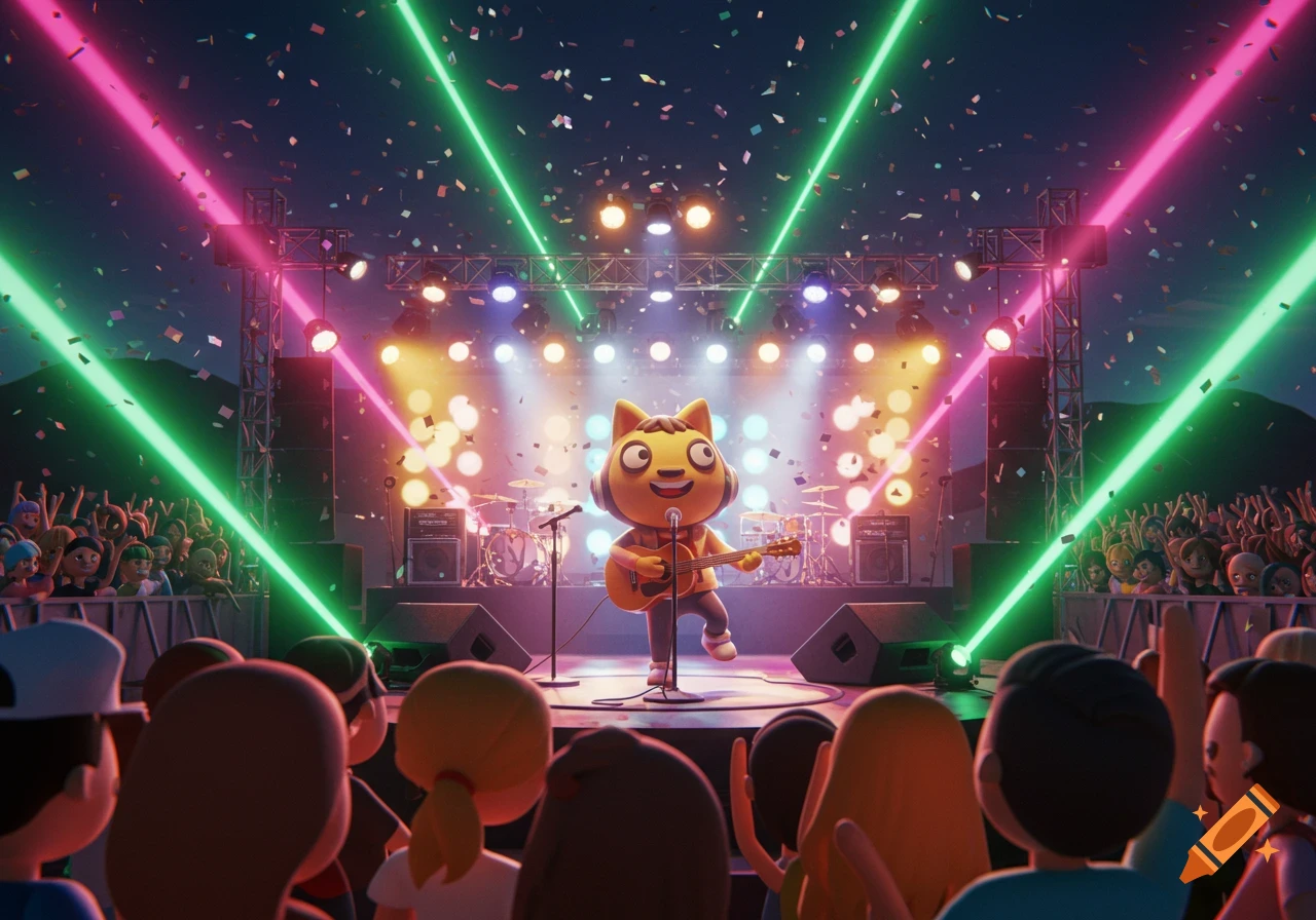 A cute 3D cartoon cat character with headphones plays an acoustic guitar on a stage with vibrant laser lights and confetti, in front of a large cheering crowd.