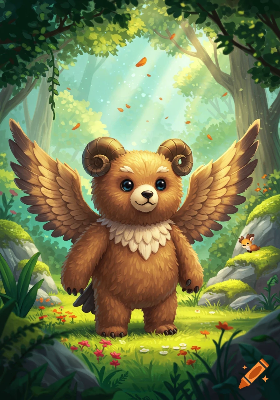 A cute, fluffy, winged bear with ram horns stands in a lush, sunny forest with red flowers.