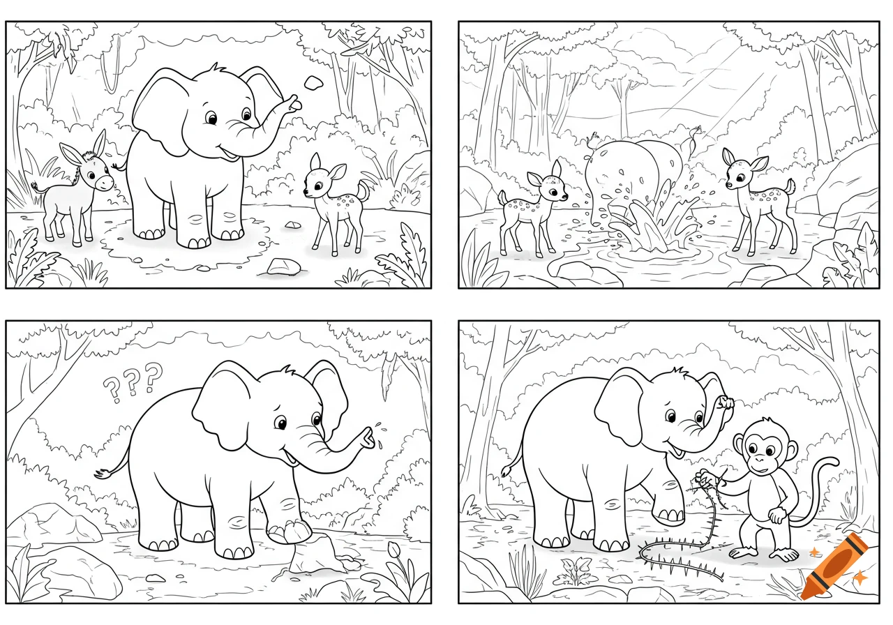 Black and white comic strip for coloring showing an elephant's adventures with a donkey, fawns, and a monkey in a jungle.