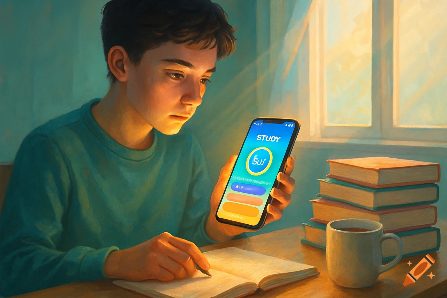 A student in a teal shirt looks at a phone displaying a "STUDY" app, while holding a pencil over an open book at a sunlit desk.