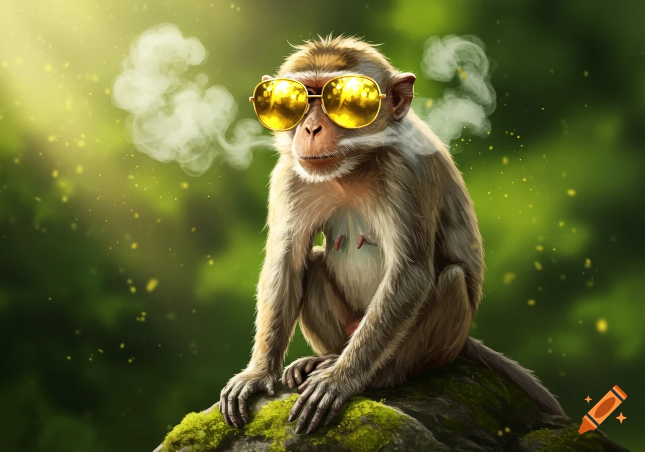 An old monkey in golden sunglasses exhales smoke, sitting on a mossy rock in a sunlit green forest.