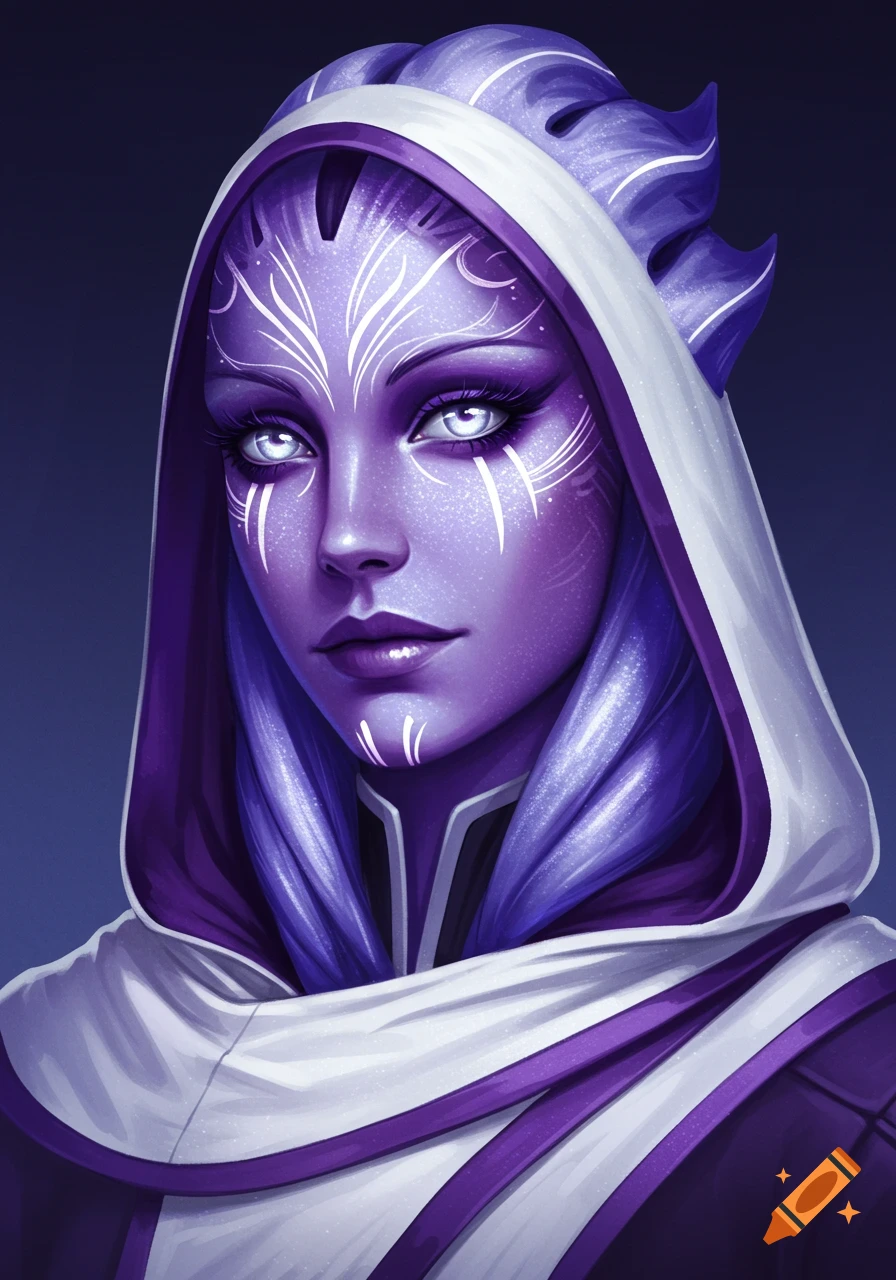 Close-up portrait of a fantasy sci-fi woman with violet skin, white facial markings, glowing silver eyes, and a hooded white and purple cloak.