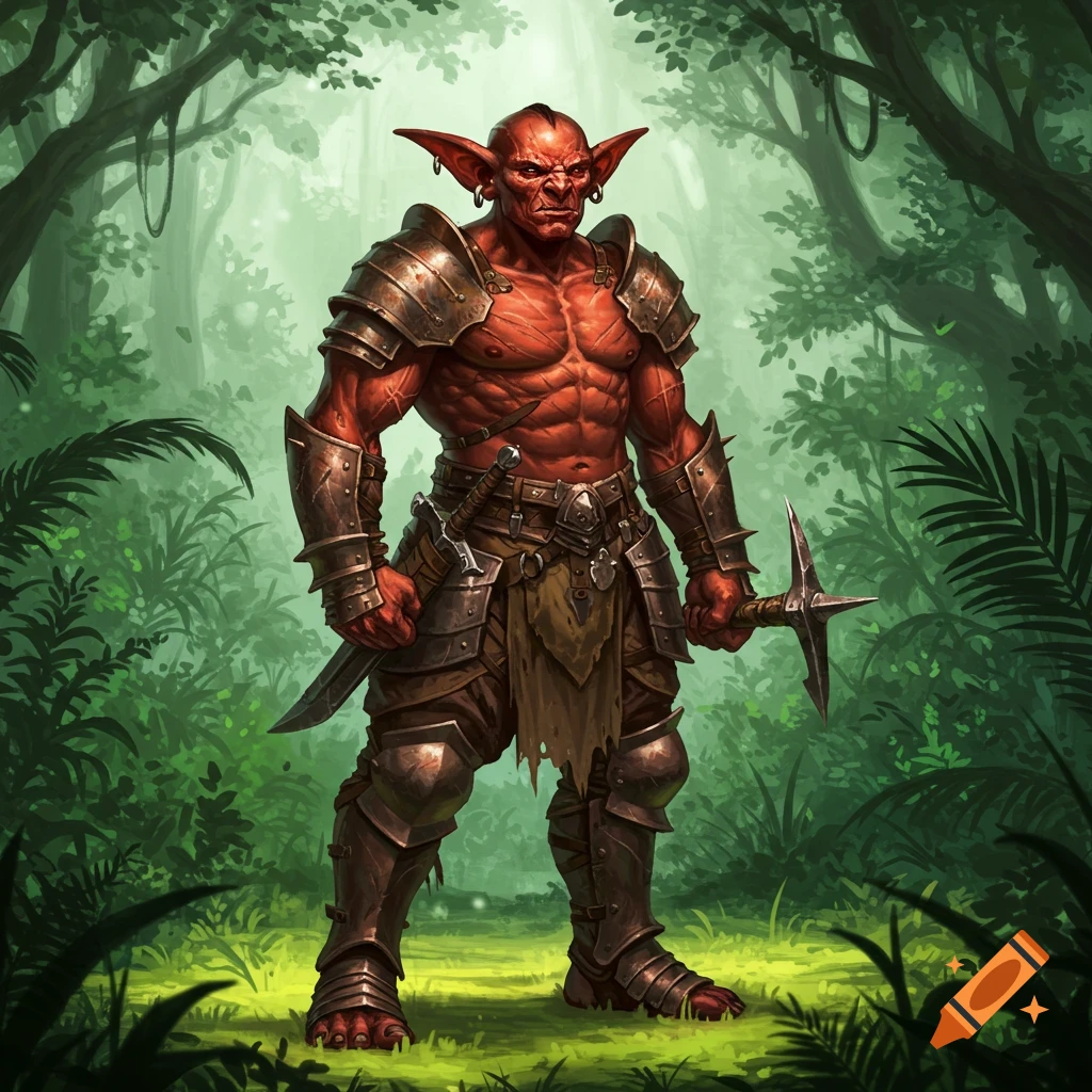 A muscular red-skinned hobgoblin warrior in ornate armor stands in a lush green forest, holding a pickaxe weapon.