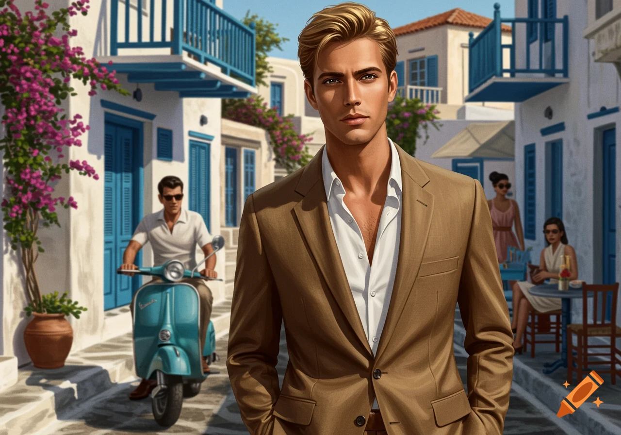 A stylish blonde man in a brown suit stands on a white street in a Greek village, with other people and a scooter in the background.