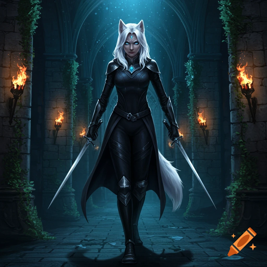 A white-haired female fantasy warrior with wolf ears and tail, wearing dark armor, stands in a torchlit stone dungeon holding two swords.
