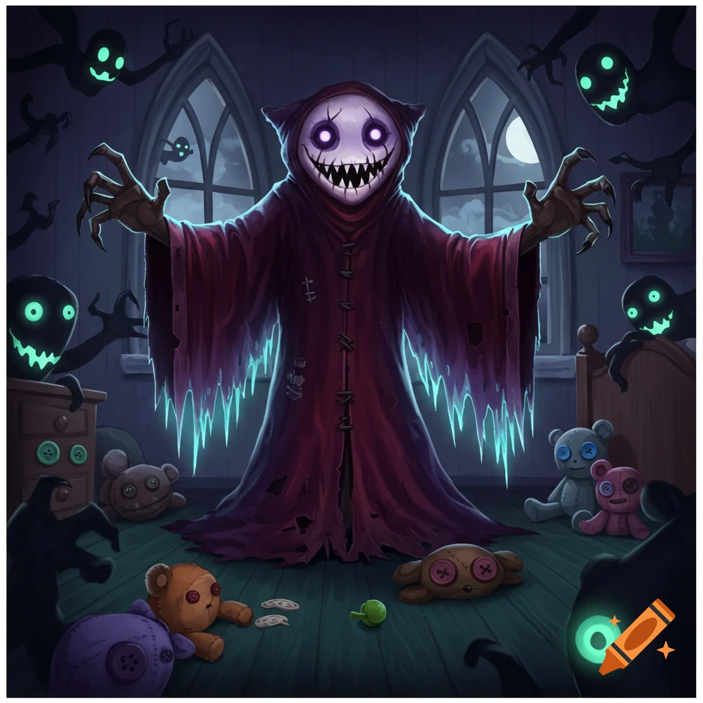 A creepy-cute boogeyman with glowing eyes and a toothy grin stands in a dark room with smaller ghost figures and button-eyed stuffed toys. Stylized.