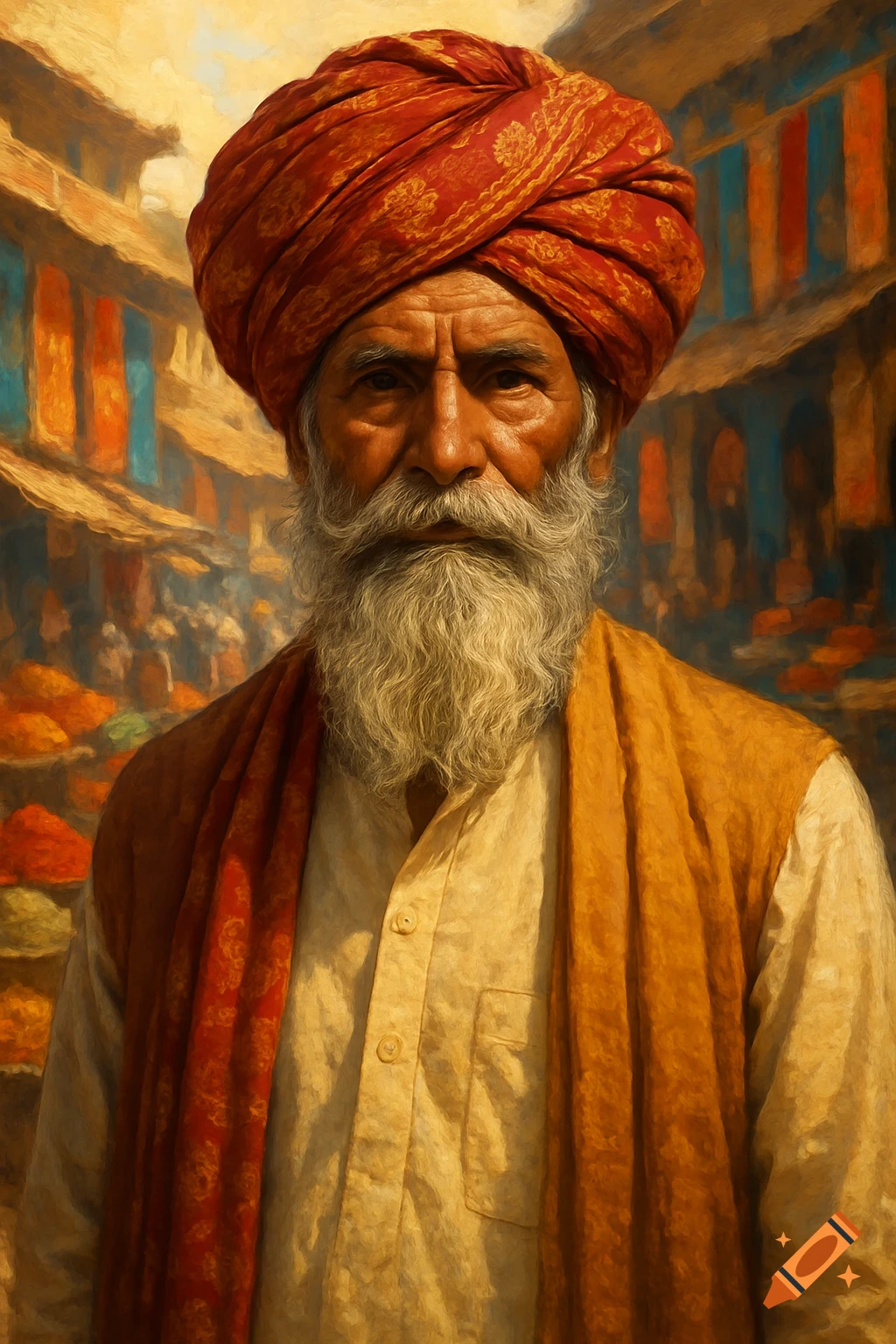 An old man with a long white beard and a red turban stands in a vibrant, painterly market scene.