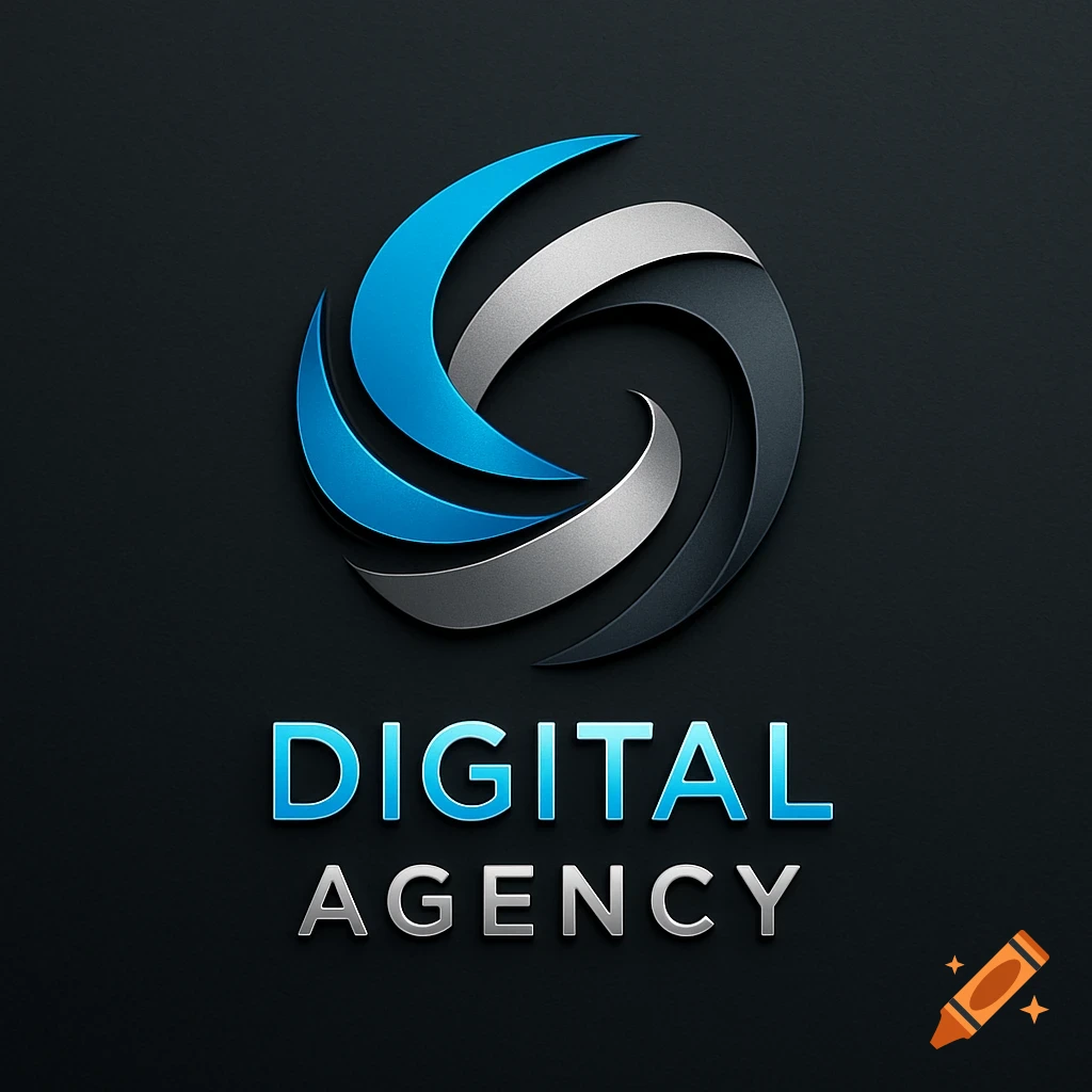 A stylized corporate logo featuring a swirling design in blue, silver, and dark grey above the words "DIGITAL AGENCY".