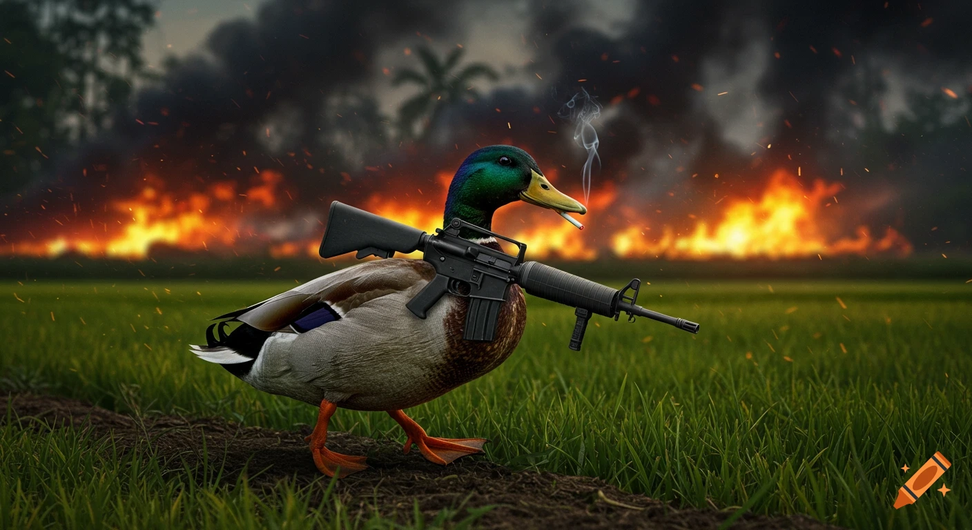 Photorealistic mallard duck commando with an M16 rifle and a cigarette marches through a rice paddy with a flaming jungle in the background.