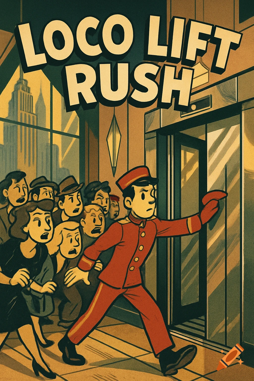 1940s animation of a bellhop holding an elevator for frantic passengers in an Art Deco lobby. Title: LOCO LIFT RUSH.