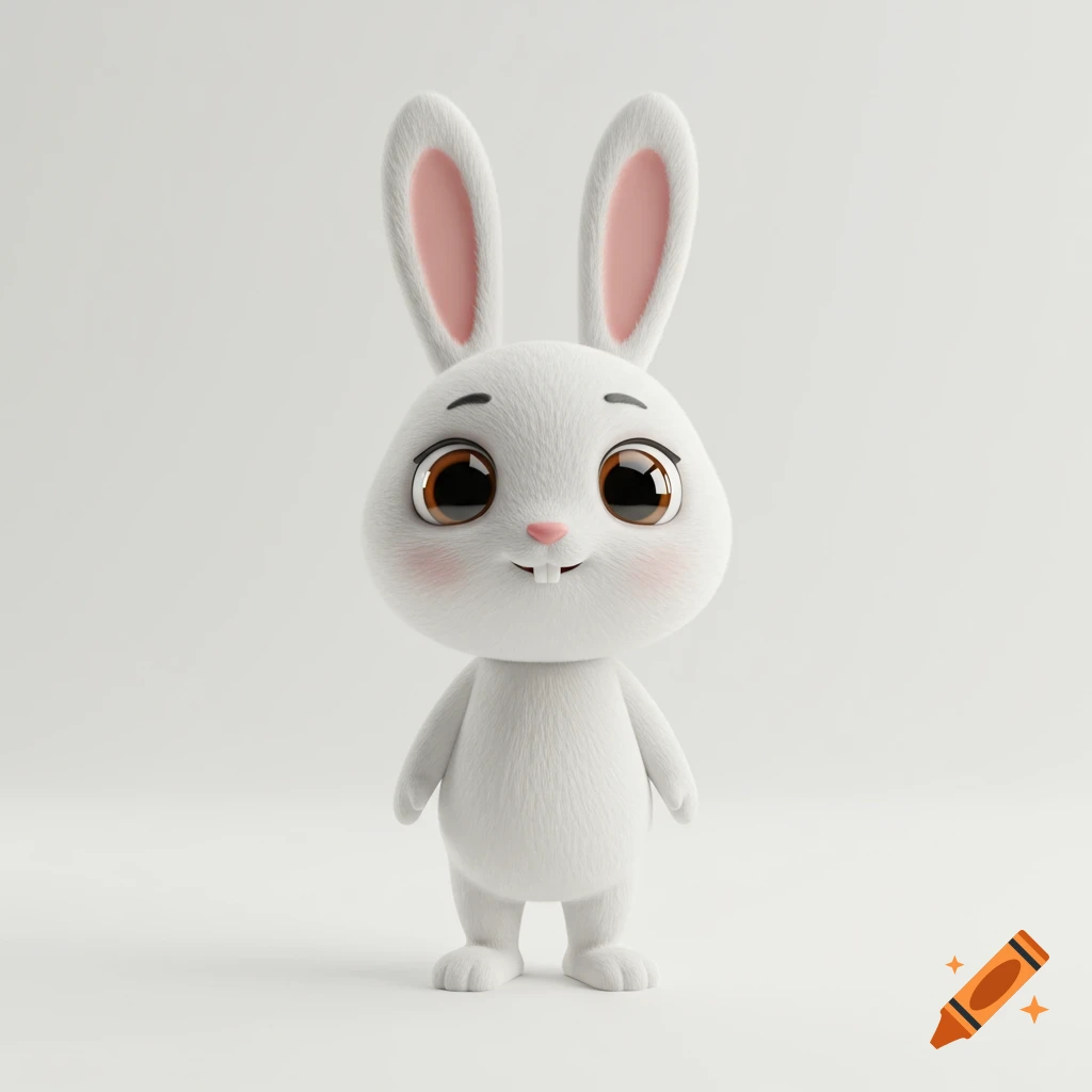 A cute 3D cartoon white rabbit with big brown eyes, a pink nose, and blush, standing and smiling on a white background.