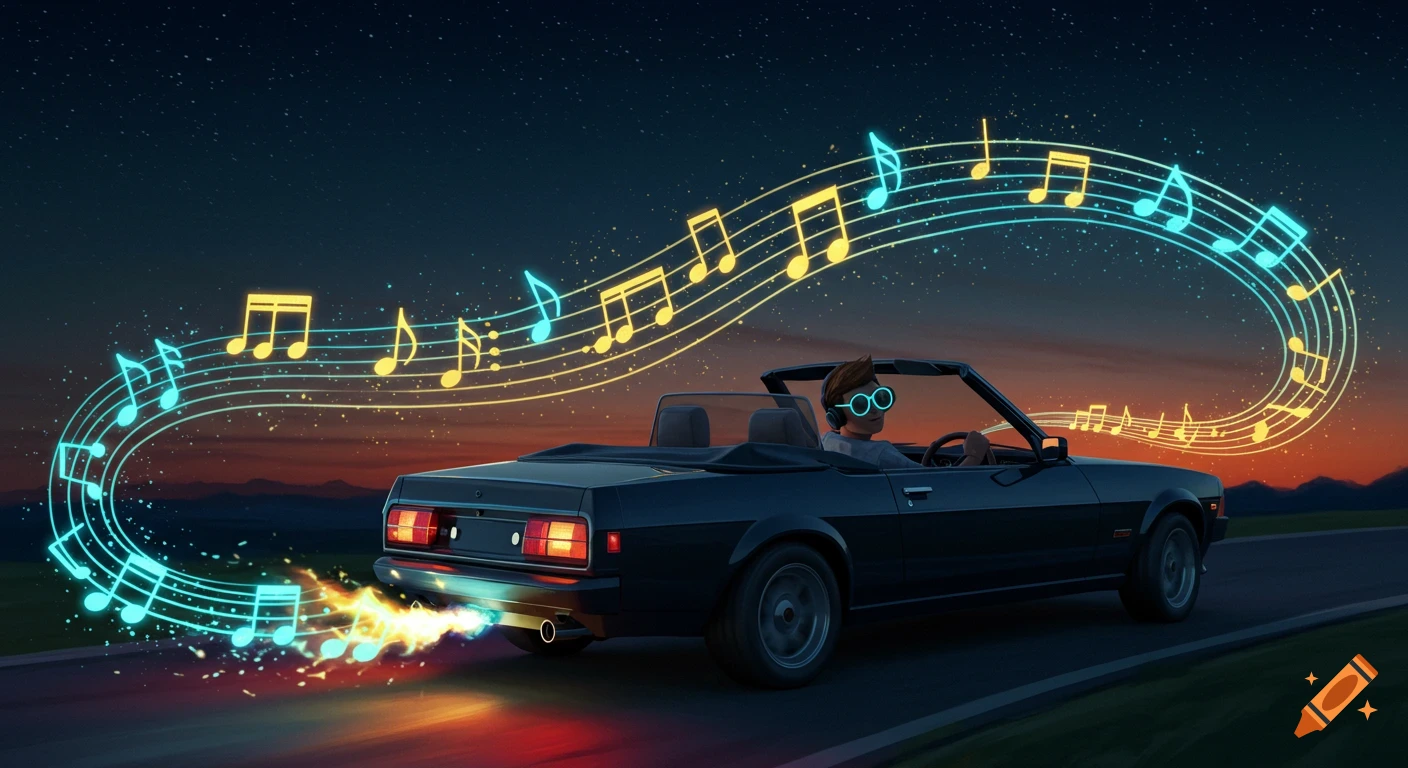 Animated person in a convertible driving at night, with glowing musical notes and light effects coming from the exhaust.