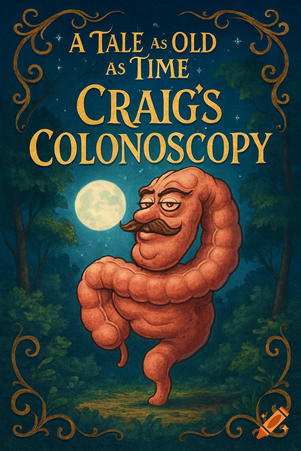 Humorous movie poster parody showing a cartoon intestine with a mustache in a forest, titled 'A Tale as Old as Time: Craig's Colonoscopy'.