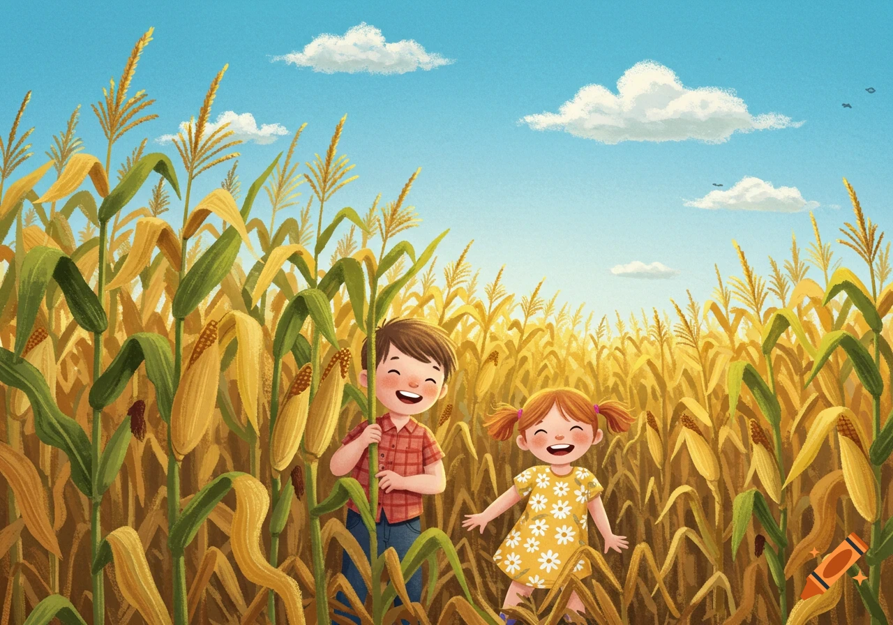 Smiling boy and girl in a sunny cornfield, depicted in a children's book illustration style.