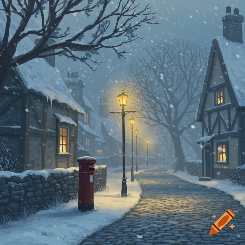 A snowy village lane at dusk, with glowing streetlights and windows illuminating old houses and a red post box under falling snow.