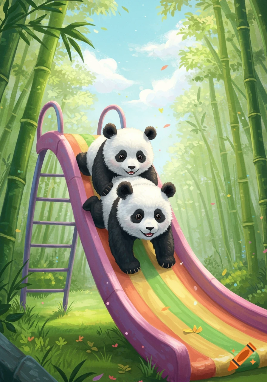 Two cute cartoon pandas slide down a rainbow-colored slide in a bright bamboo forest.