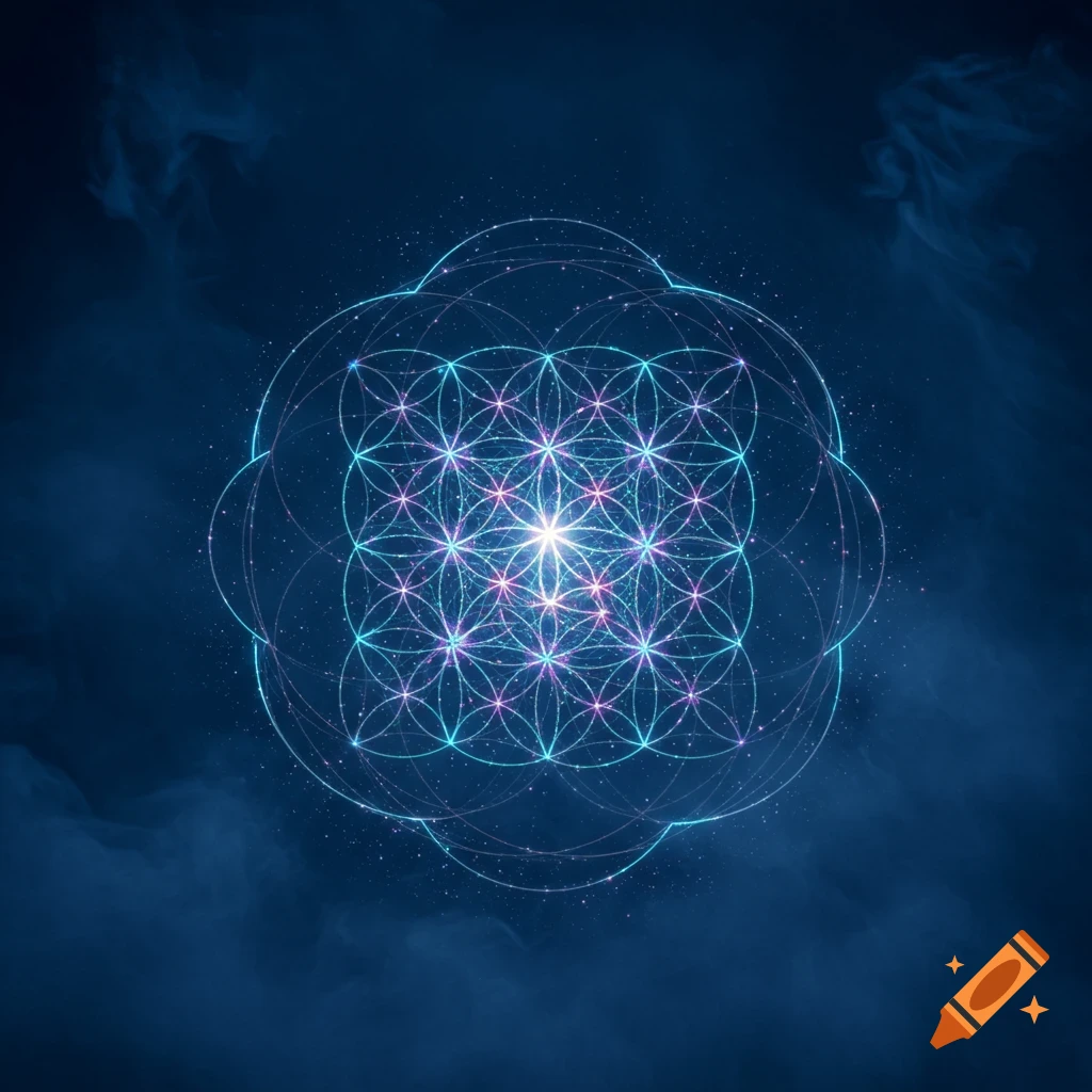 A glowing, intricate 'Flower of Life' geometric pattern with teal and magenta lights against a dark blue, smoky background.