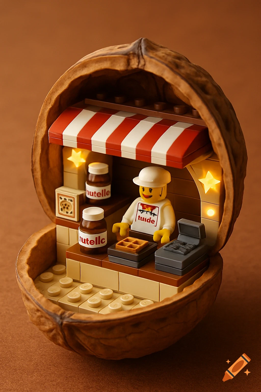 A charming Lego-style waffle stand inside a halved walnut, featuring a minifigure, waffle maker, cash register, and jars.