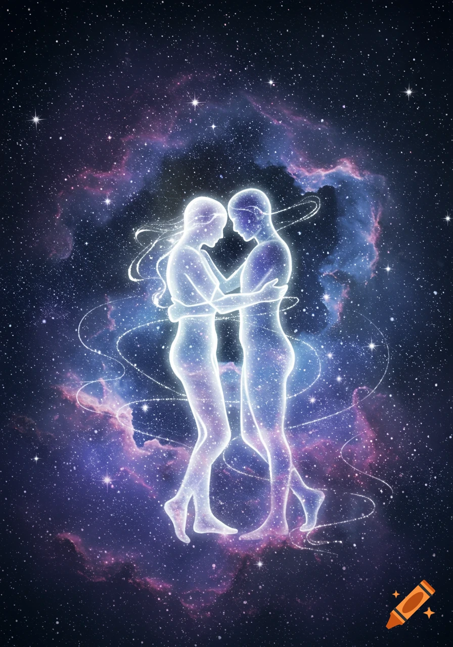 Two glowing, ethereal figures, filled with stars and nebulae, embrace in a vibrant cosmic galaxy.