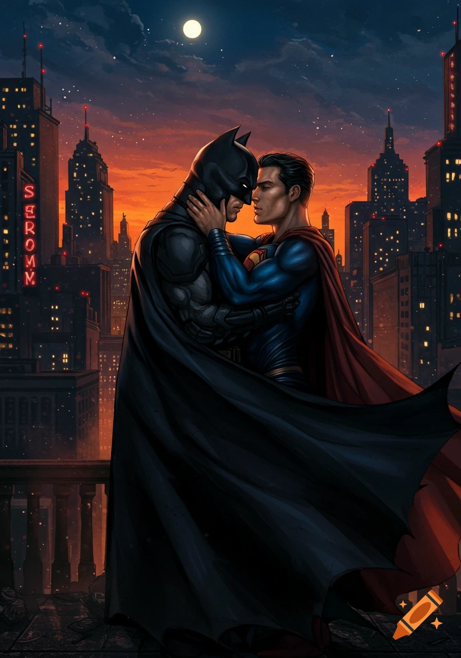 Batman and Superman embrace intimately on a city rooftop at sunset with a full moon, in a comic book art style.