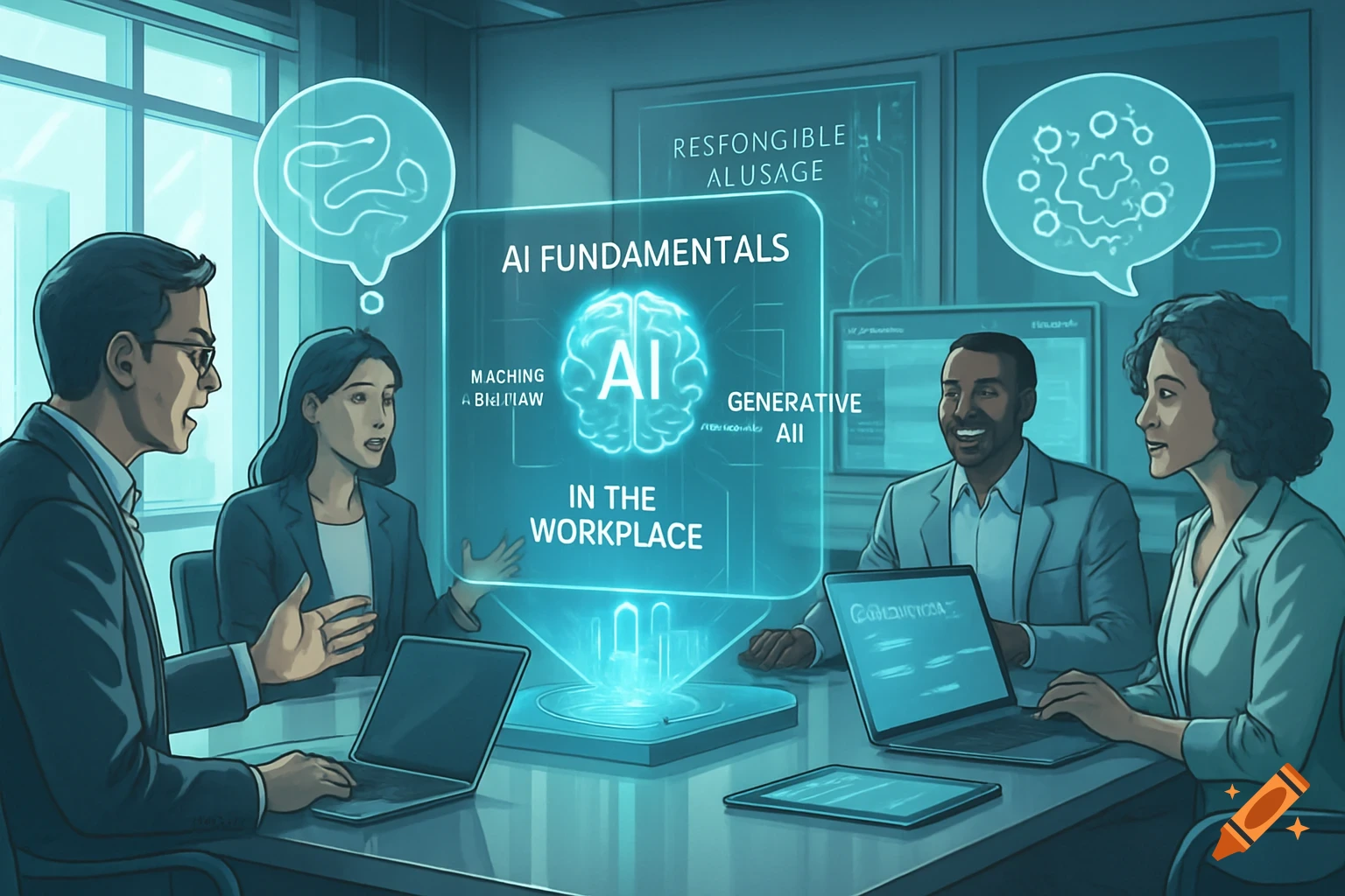 Four professionals in a meeting room, two men and two women, discussing AI fundamentals with a holographic display showing a brain icon and text.