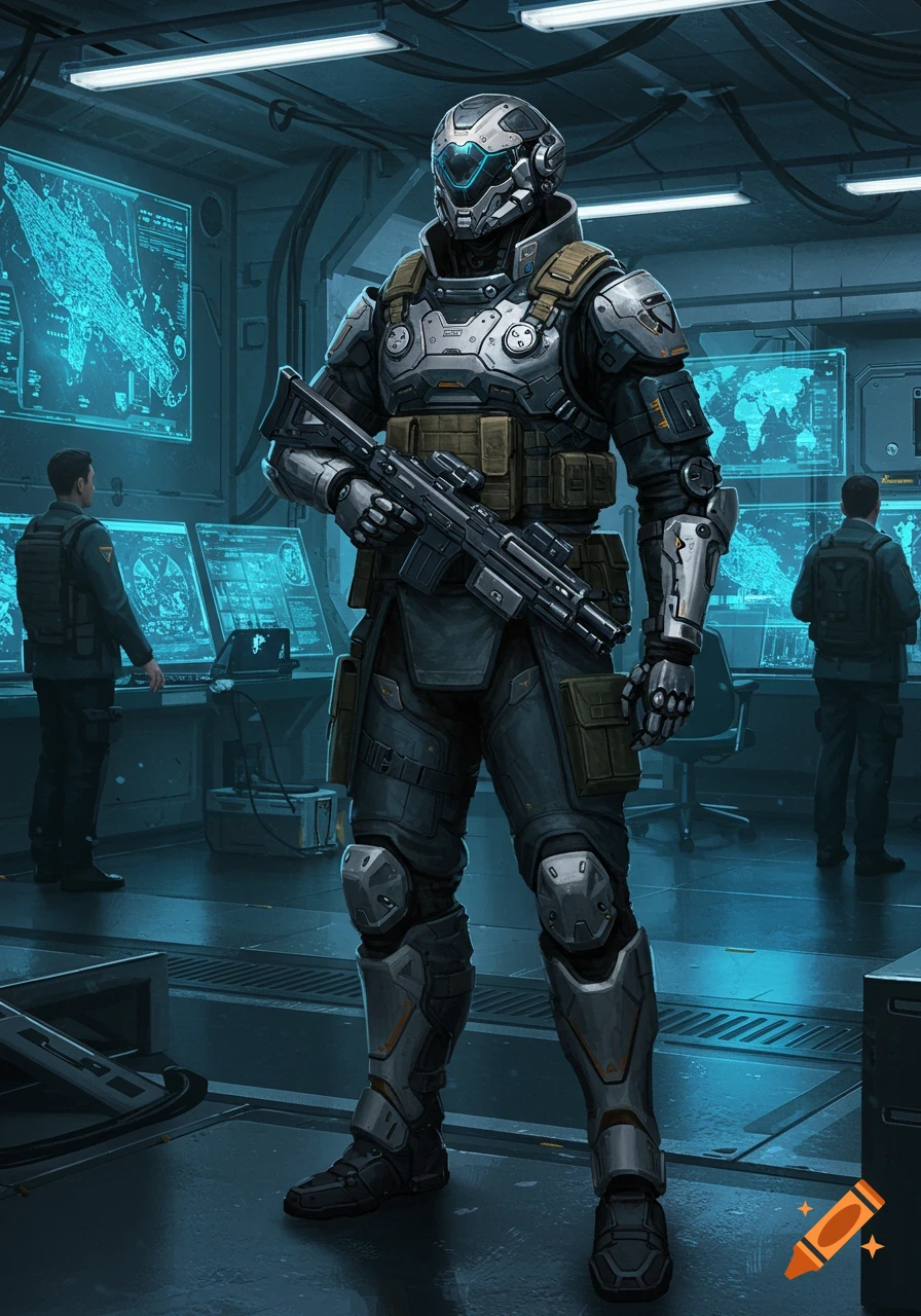 Futuristic soldier in full combat armor holding a rifle, standing in a high-tech control room with glowing blue data screens.