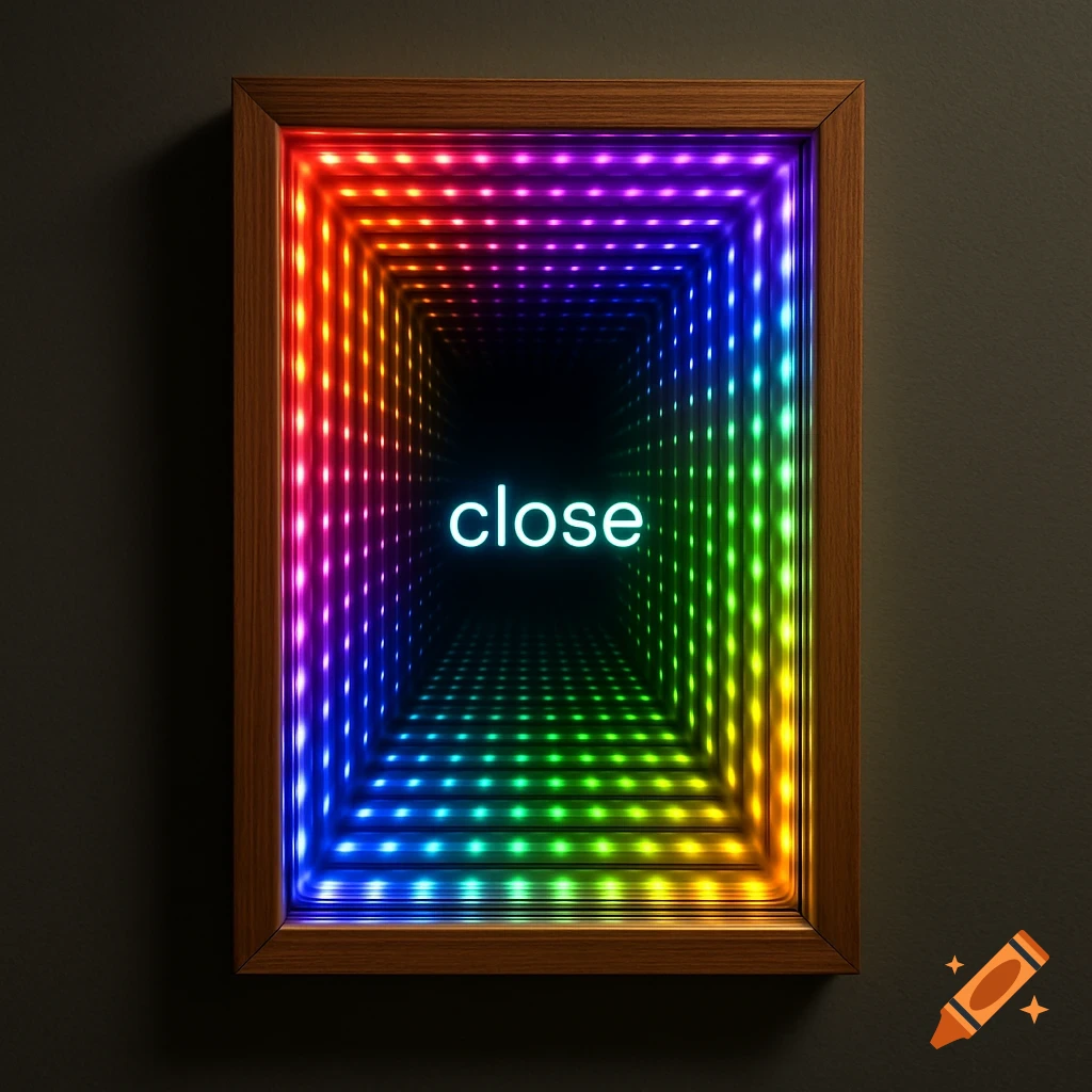 Infinity mirror with glowing rainbow LEDs and the word 'close' in a wooden frame on a dark wall.