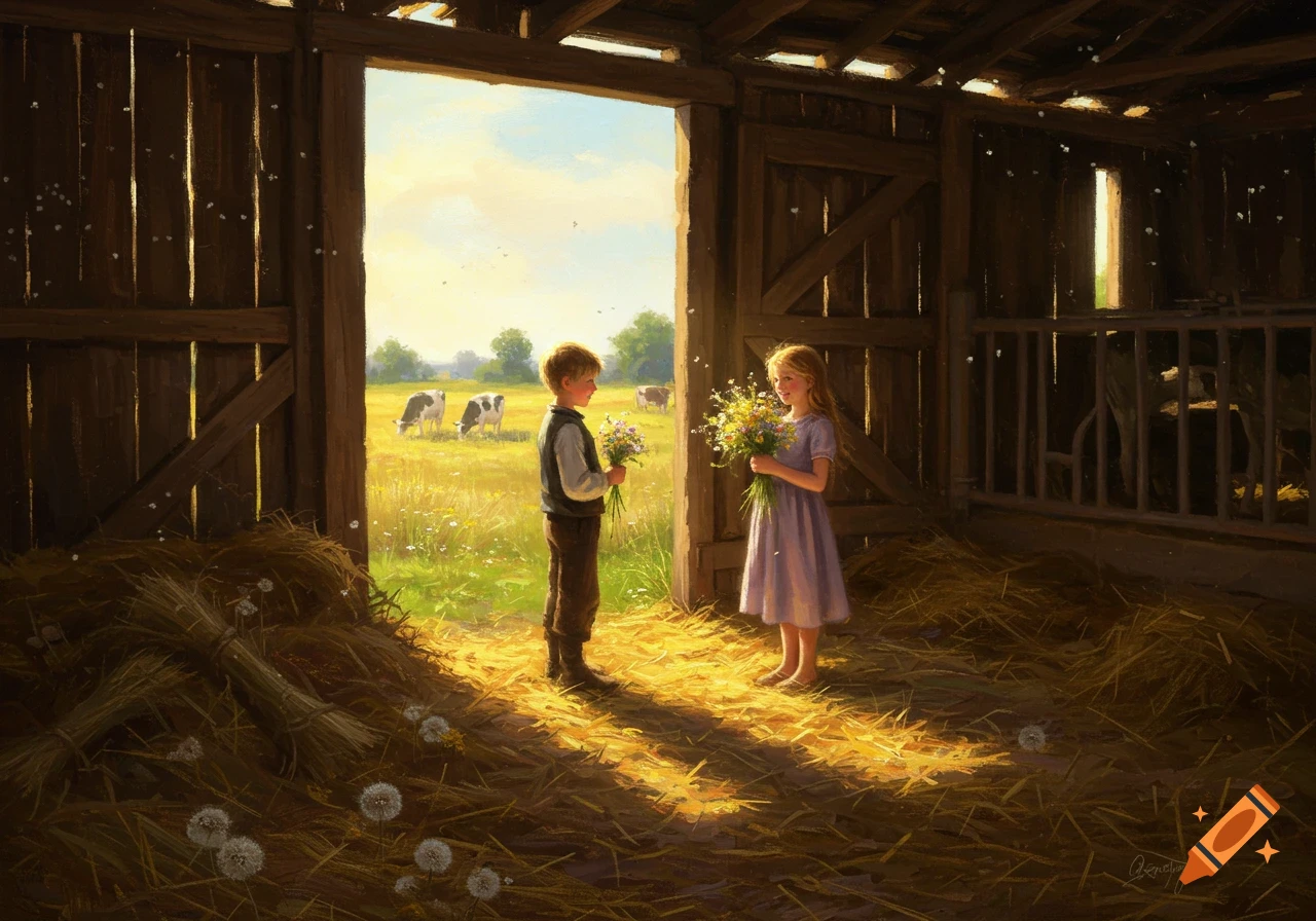 Painting of two children exchanging bouquets of wildflowers in a sunlit barn, with cows grazing in a field outside.