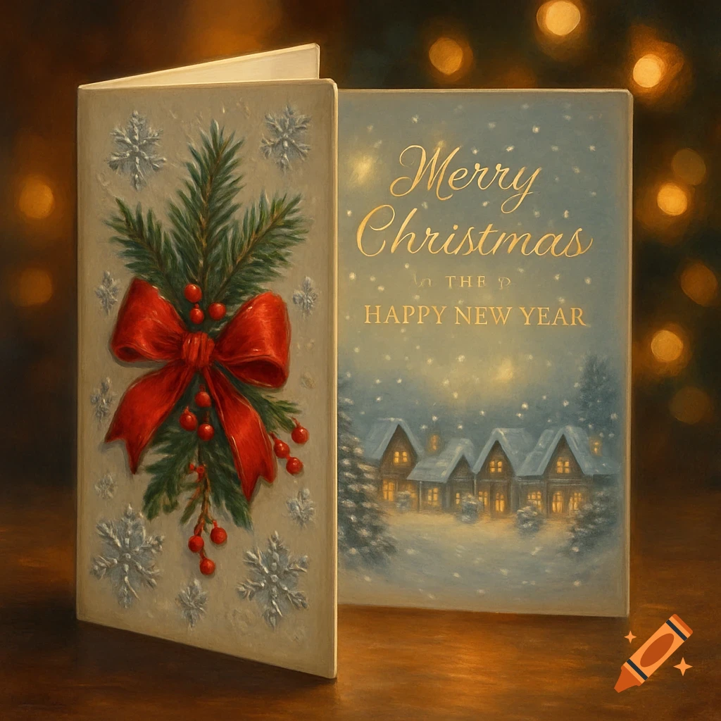 A partially open Christmas card featuring a red bow, pine, and snowflakes on one side, and a snowy village with "Merry Christmas Happy New Year" on the other.