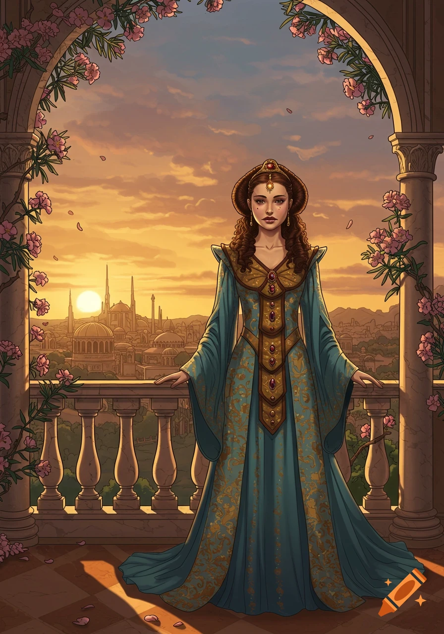 An illustrated woman in an ornate blue and gold dress stands on a balcony with flowered arches, overlooking a city at sunset.