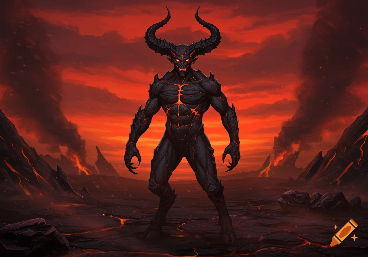 A dark, muscular demon with glowing red eyes and horns stands in a hellish volcanic landscape under a fiery red sky.
