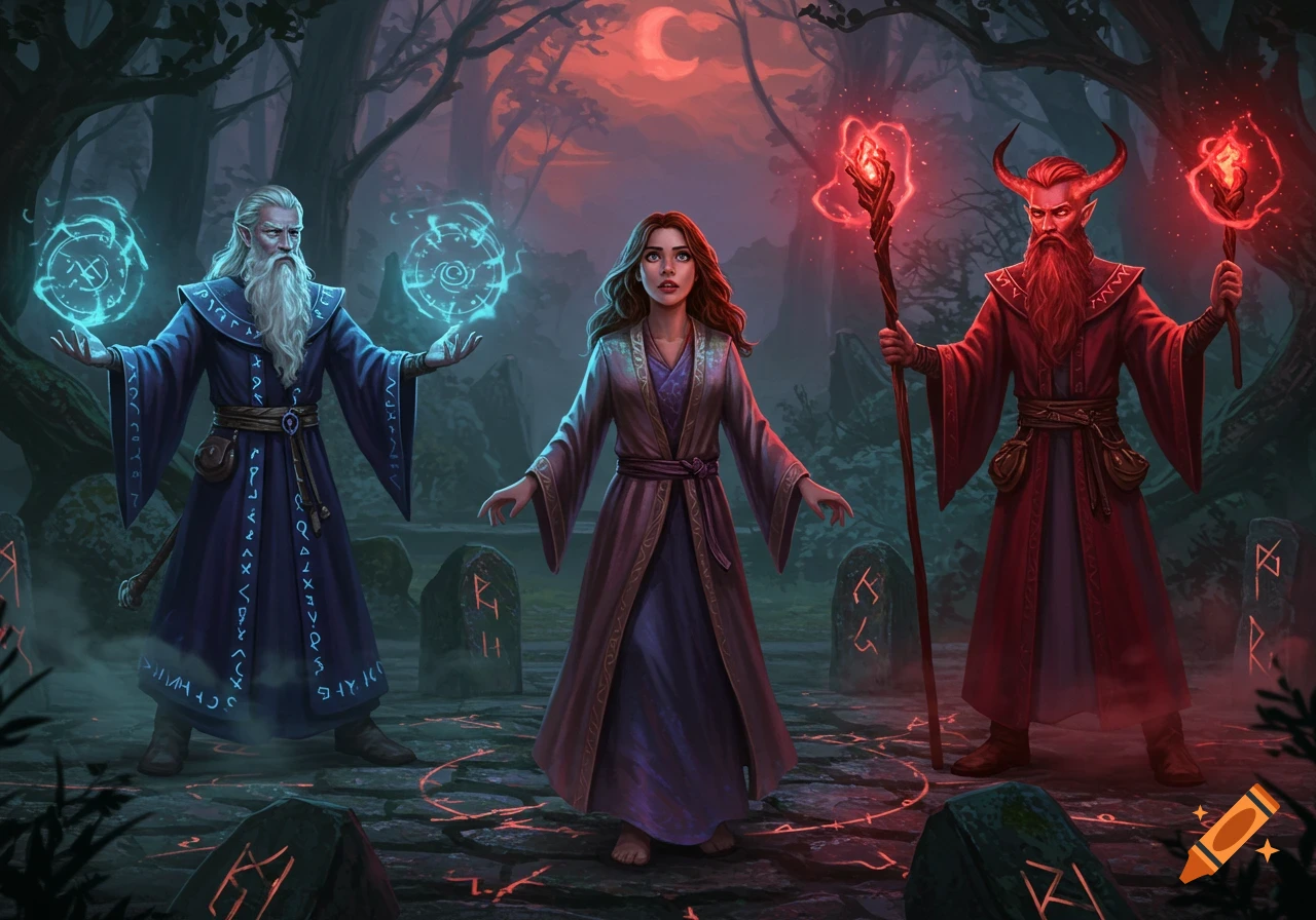 A young woman stands between two powerful wizards, one blue and one red with horns, in a dark, magical forest at twilight.