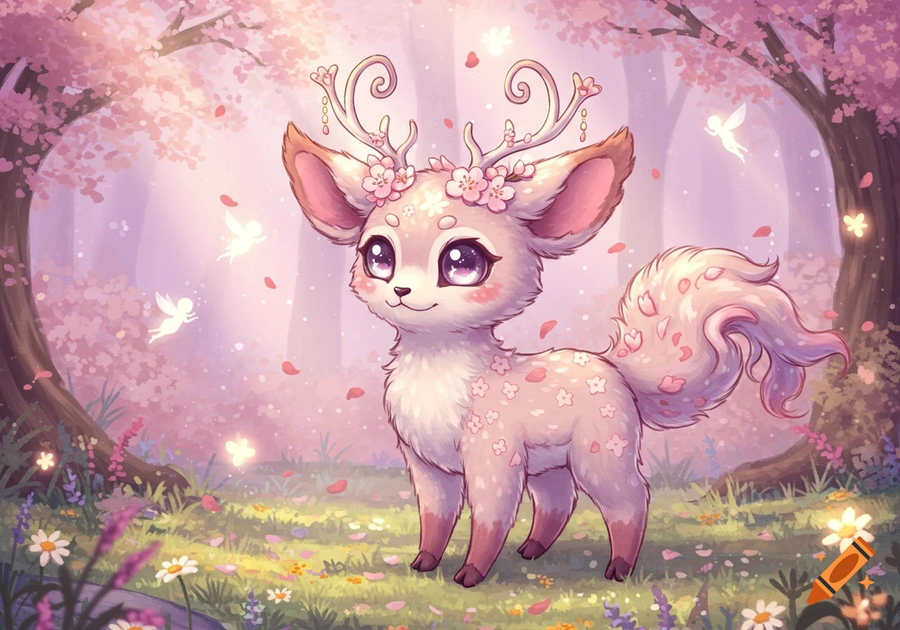 A cute, pink deer-like creature with flowery antlers stands in a magical cherry blossom forest with fairies.