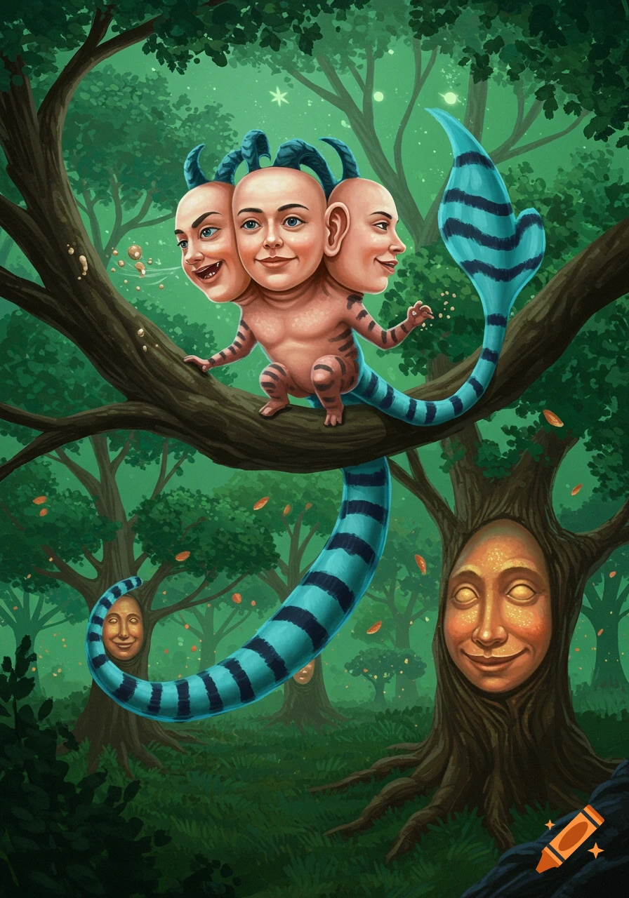 A surreal three-headed, striped creature with a long tail sits on a tree branch in a vibrant green forest, with faces embedded in tree trunks.