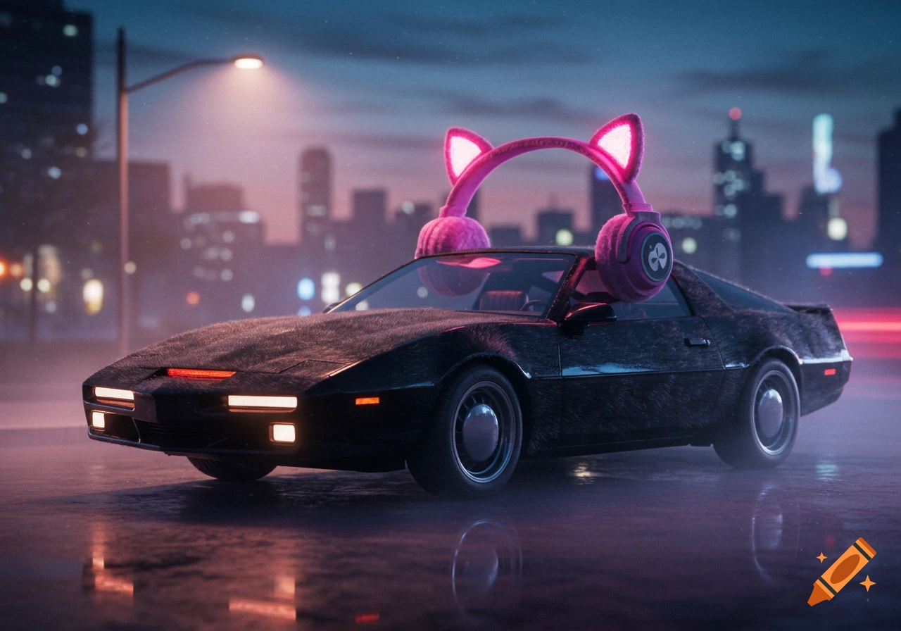 Black car with fur texture and pink cat ear headphones on a wet city street at night, with neon lights.