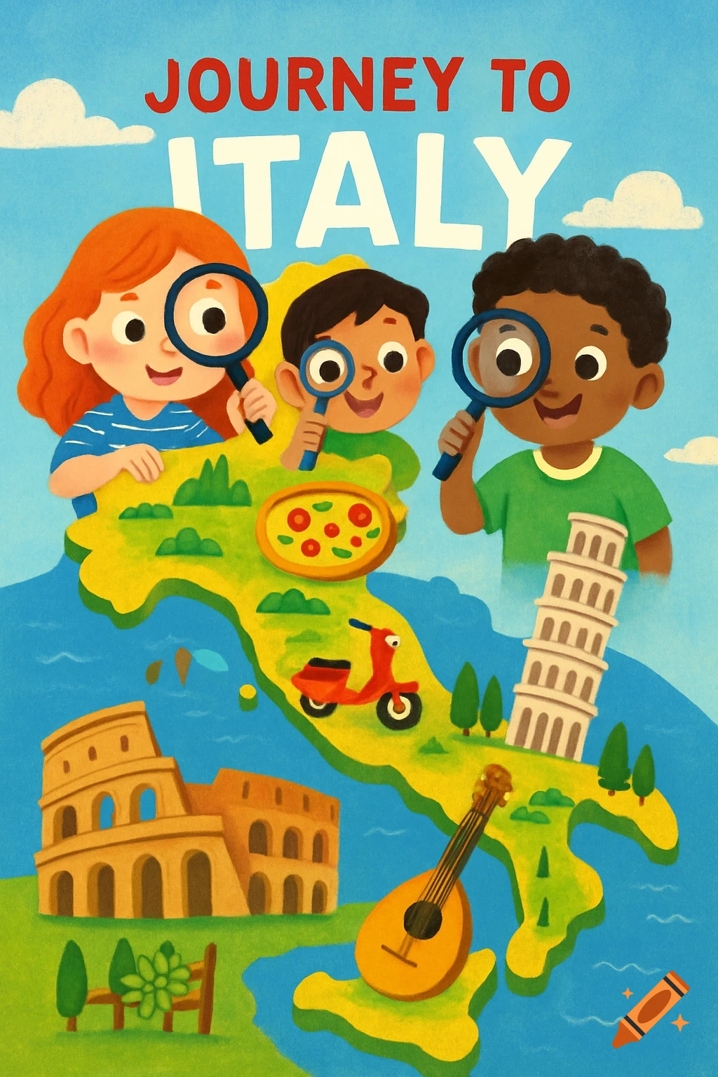Illustrated children's book cover 'Journey to Italy' with three kids, Italian map, and landmarks like Colosseum and Vespa.