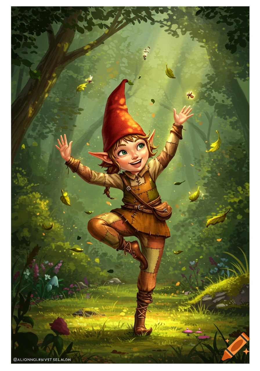 A vibrant digital illustration of a cheerful child-like gnome skipping through a sunlit forest, playing with falling leaves.