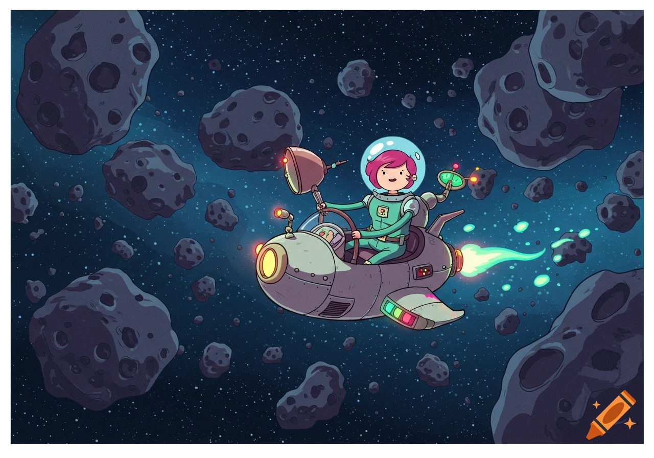 A cartoon female astronaut in a quirky spaceship flies through a star-filled asteroid field in Adventure Time style.