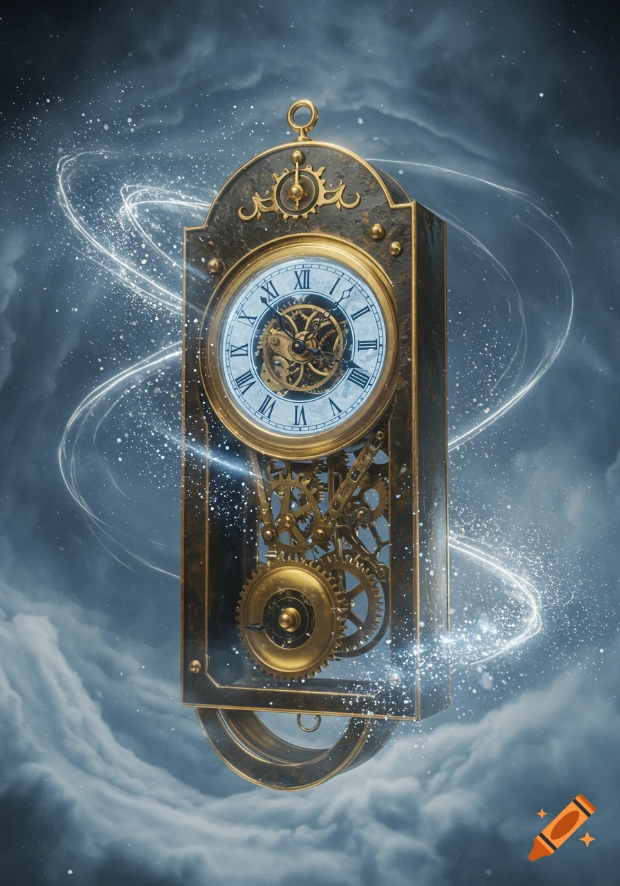 An ornate golden antique clock with visible gears and Roman numerals, surrounded by swirling magical light against a cloudy sky.