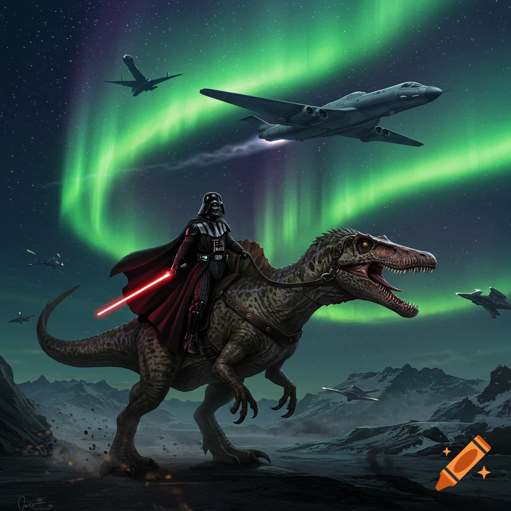 Darth Vader rides a Spinosaurus across a snowy landscape under the aurora borealis, with bomber jets flying overhead. Vibrant, epic digital art.