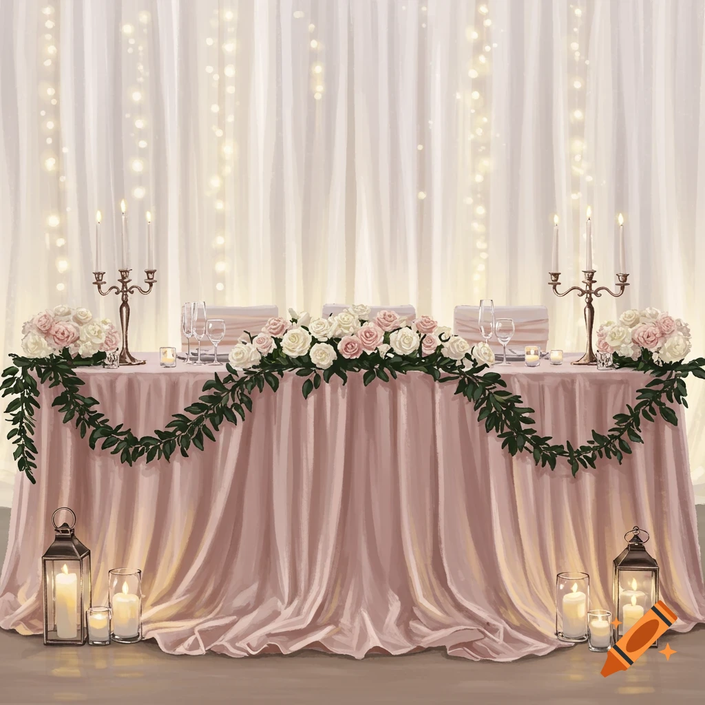 A beautifully decorated wedding head table with blush pink and white roses, candles, and flowing pink drapery.