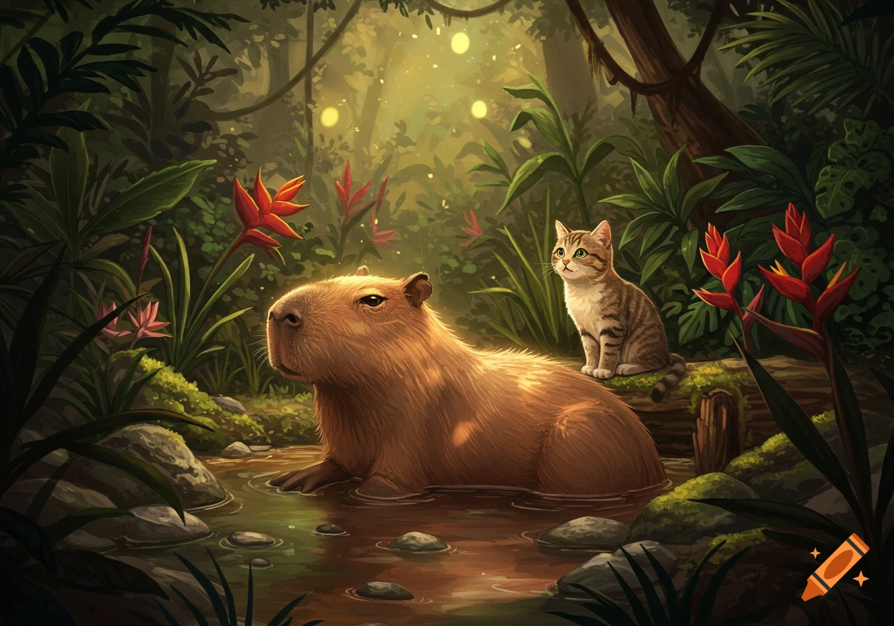 An illustrated scene of a capybara in a jungle stream with a tabby cat sitting on a mossy log nearby.