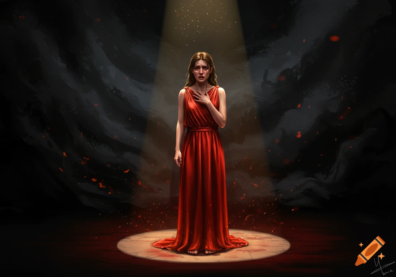 A crying woman in a long red dress stands in a dramatic spotlight on a dark stage with scattered red petals, digital painting.