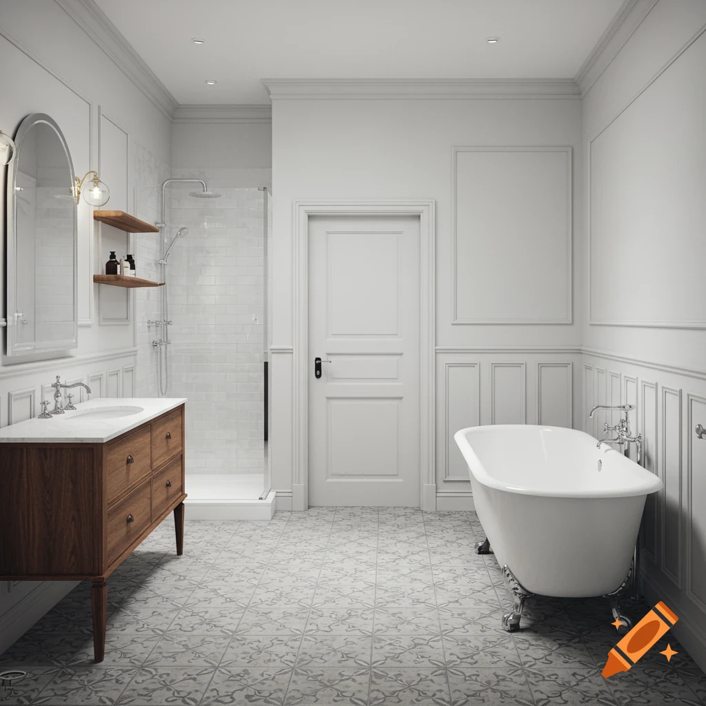 A photorealistic white and grey bathroom with a wooden vanity, arched mirror, glass shower, clawfoot tub, and patterned floor tiles.