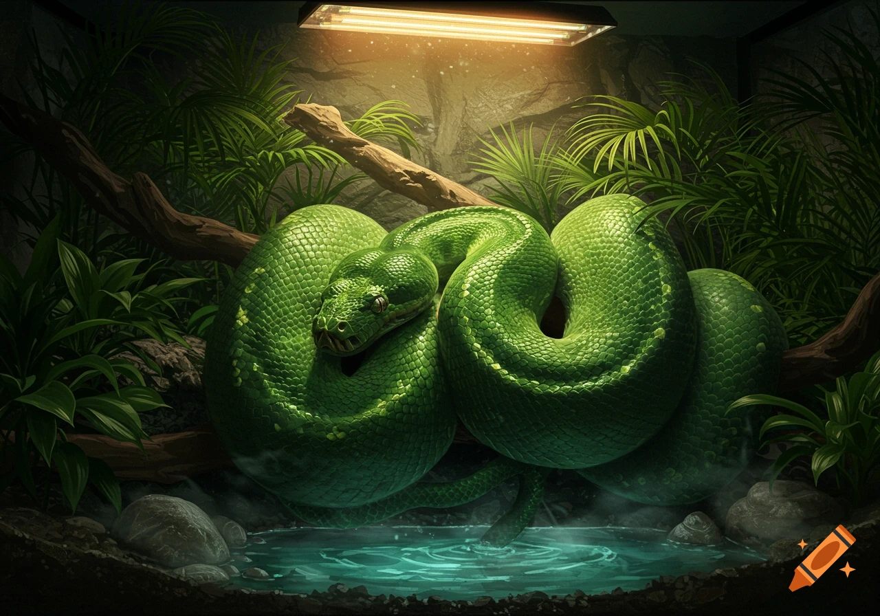 A large, bright green snake coiled on a branch above a glowing pool of water in a lush, humid terrarium.