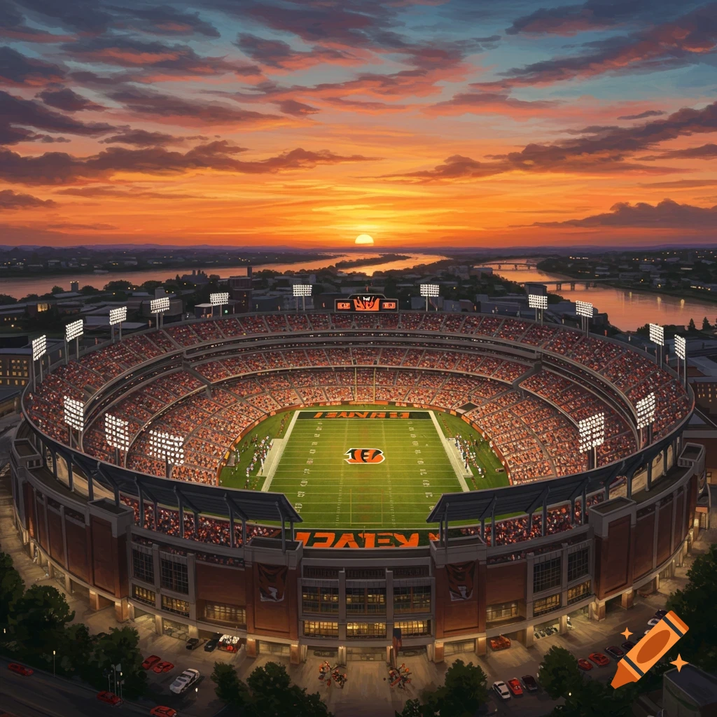 An aerial view of a packed football stadium at sunset, with a vibrant orange sky over a city and river. The Cincinnati Bengals logo is on the field.