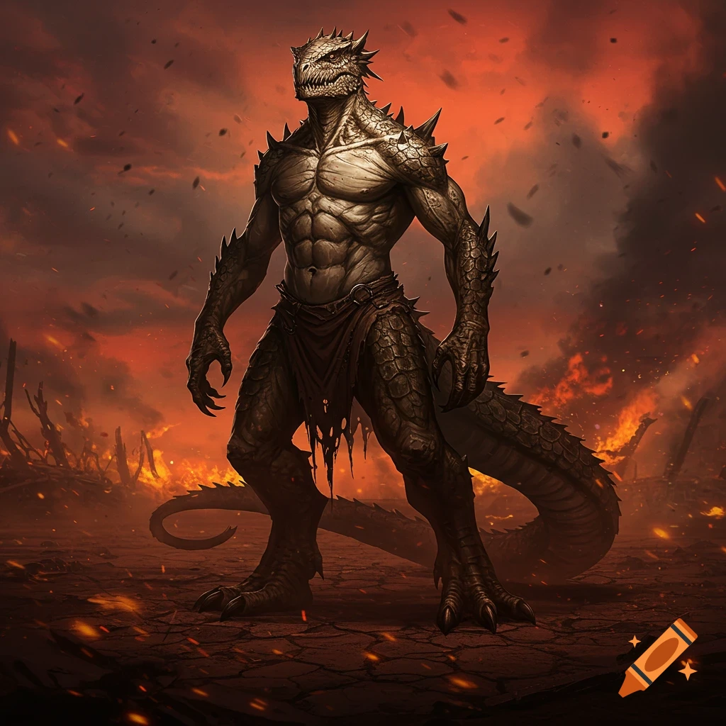 A muscular, reptilian human-tarrasque hybrid stands in a desolate, fiery landscape under a red, stormy sky, digital painting.