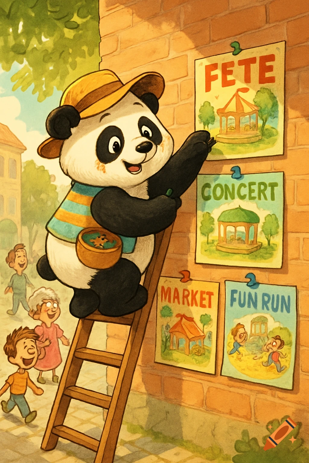 A cartoon panda in a hat stands on a ladder, hanging event posters on a brick wall, with children and an older woman watching.