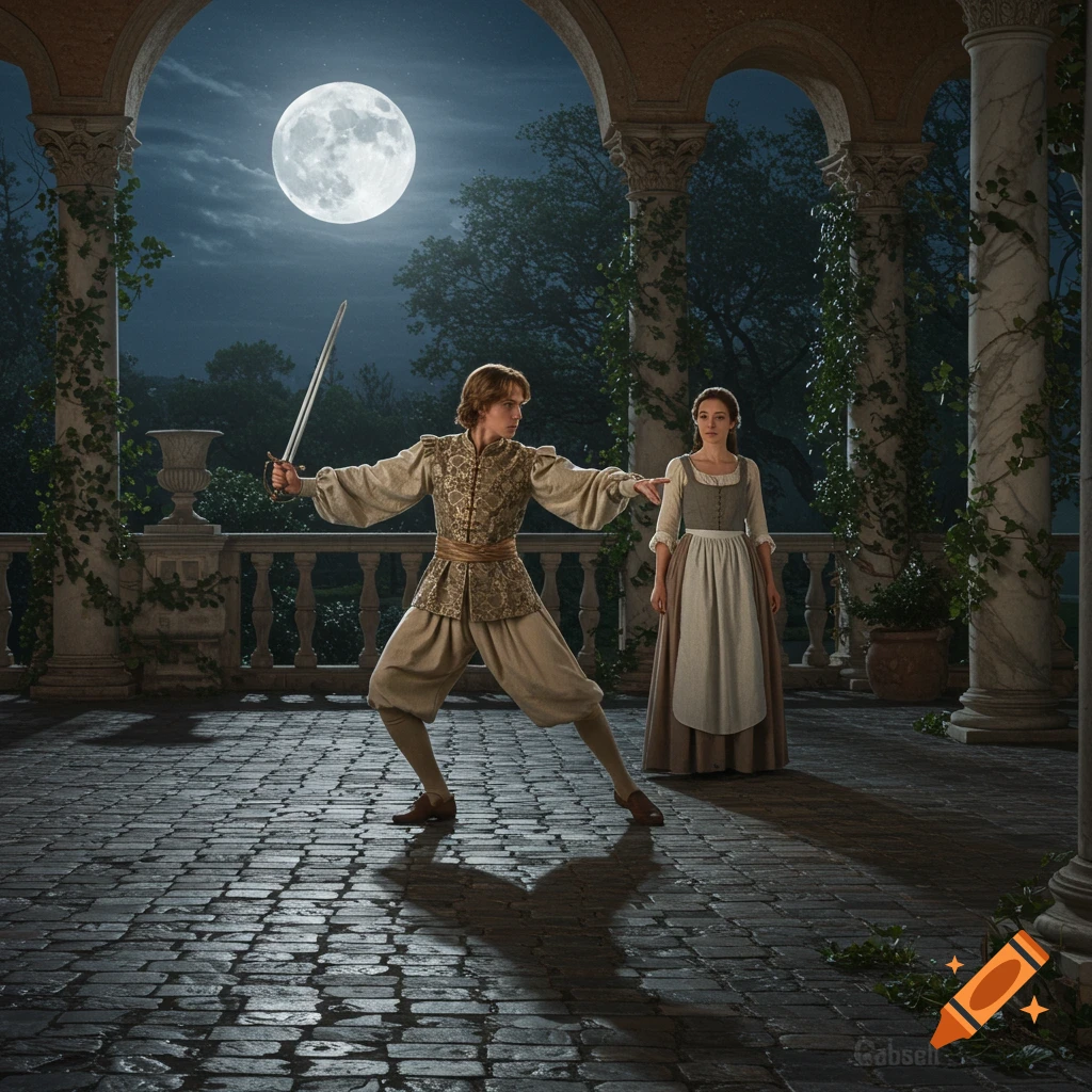 A photorealistic image of a prince practicing swordplay with a maidservant on a moonlit, ivy-covered veranda.